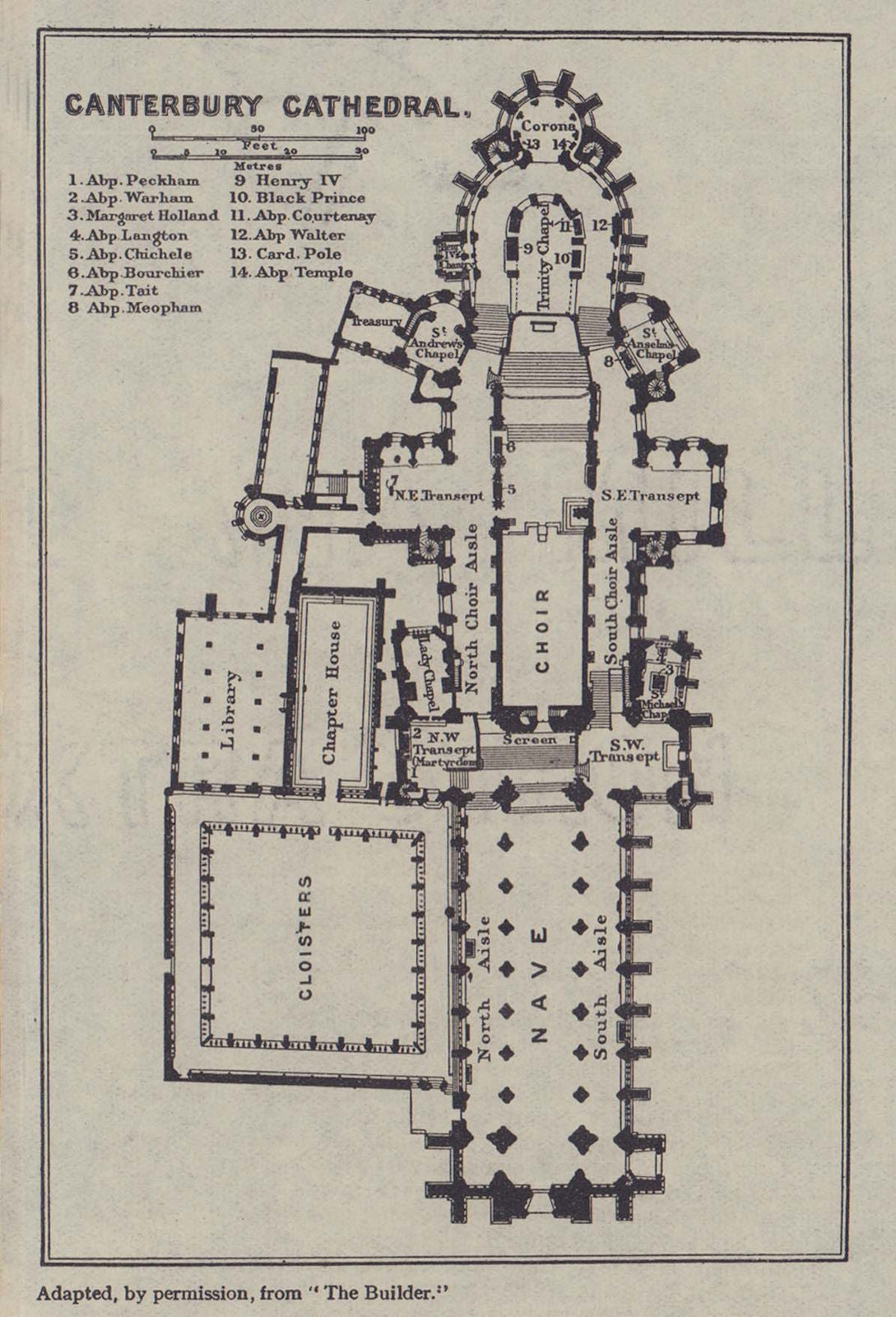 Canterbury Cathedral ground floor plan. Kent 1920 old antique map chart